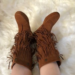 TOP MODA Faux Leather Fringe moccasin boots